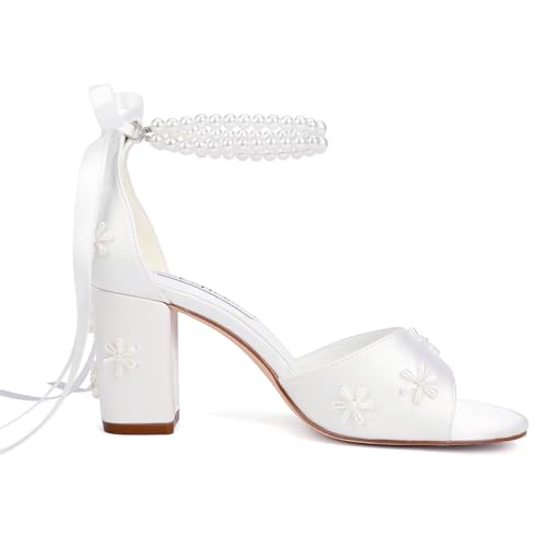 Pearl Heels Wedding Shoes for Bride Block Heel Bridal Shoes Wedding Heeled Sandals