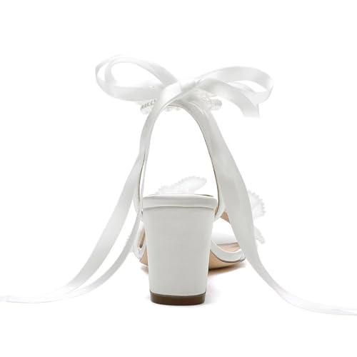 Pearl Heels Wedding Shoes for Bride Block Heel Wedding Sandals Open Toe Bridal Shoes