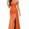 IKMNN Off The Shoulder Long Bridesmaid Dresses for Women Tight Pleated Satin Formal Dress with Slit IK011