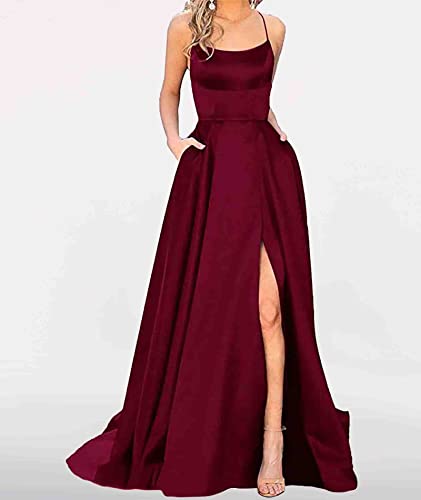 Women's Elegant Long Prom Dresses with Pockets Satin Halter Spaghetti Strap Wedding Dress Gowns