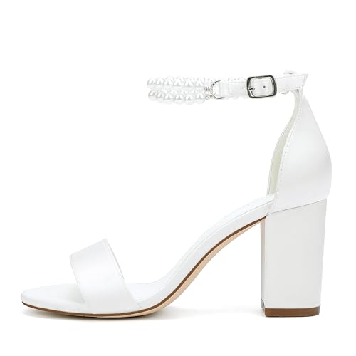 Pearl Wedding Shoes for Bride Satin Block Heels Open Toe Chunky Bridal Shoes Sandals