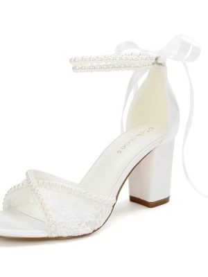 Lace Wedding Shoes for Bride Pearl Heels Bridal Shoes Block Heel Wedding Sandals