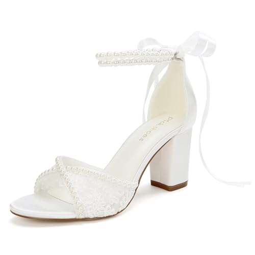 Lace Wedding Shoes for Bride Pearl Heels Bridal Shoes Block Heel Wedding Sandals