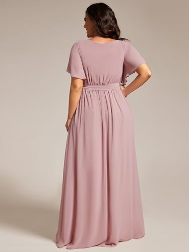 Women's Chiffon Short Sleeves A-Line V-Neck Empire Waist Floor Length Plus Size Formal Bridesmaid Dress