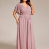 Women's Chiffon Short Sleeves A-Line V-Neck Empire Waist Floor Length Plus Size Formal Bridesmaid Dress