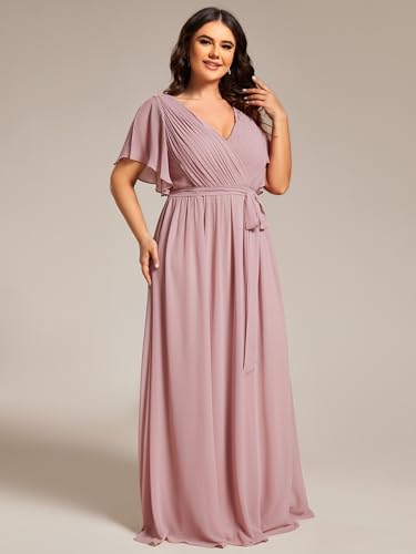 Women's Chiffon Short Sleeves A-Line V-Neck Empire Waist Floor Length Plus Size Formal Bridesmaid Dress