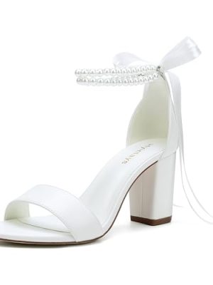 Women's Open Toe Block Heel Pearl Wedding Shoes for Bride Chunky Heeled Sandals Bridal Shoes Pumps