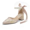 Floral Satin Wedding Shoes for Bride Block Heel Pointed Toe Pearl Bridal Shoes Wedding Heels