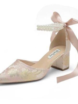 Floral Satin Wedding Shoes for Bride Block Heel Pointed Toe Pearl Bridal Shoes Wedding Heels