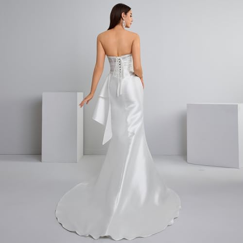 Off Shoulder Satin Wedding Dress Sleeveless – Lightweight Engagement Bridal Gown with Train for Summer Wedding