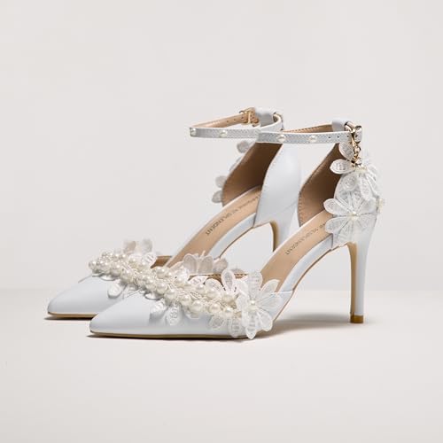 Lace Pearl Decoration Ladies High Heels Whit Wedding Shoes Women's White Bridal Pumps
