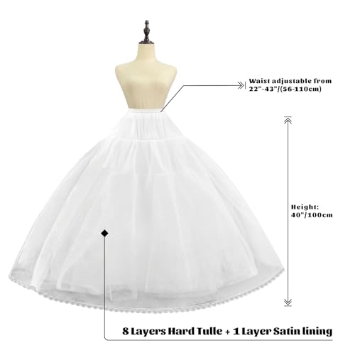 Women's 8 Layer Tulle Hoopless Petticoat Skirt with Lace Trim A-Line Long Crinoline Underskirt Slip for Bridal Ball Gown Wedding