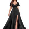 Chiffon Bridesmaid Dresses for Women Flutter Sleeve Pleated V Neck Long Formal Evening Gowns with Slit