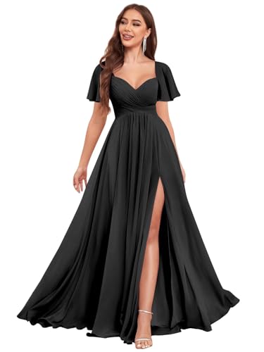 Chiffon Bridesmaid Dresses for Women Flutter Sleeve Pleated V Neck Long Formal Evening Gowns with Slit