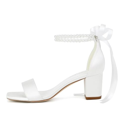 Block Heel Bridal Shoes Open Toe Wedding Shoes for Bride Pearl Heels Wedding Sandals