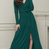 Womens Long Sleeve V-Neck High Slit Cocktail Evening Gown Maxi Dress