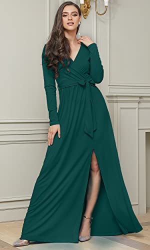 Womens Long Sleeve V-Neck High Slit Cocktail Evening Gown Maxi Dress