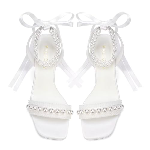 Block Heel Wedding Sandals Pearl Heels Wedding Shoes for Bride Open Toe Bridal Shoes