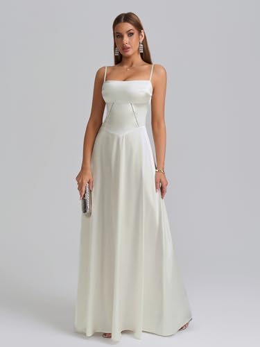 Satin Maxi Dress Spaghetti Strap Lace Up Long Formal Dresses for Women Wedding Guest Cocktail Evening Prom