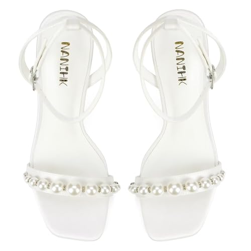 Women’s Heeled Sandals Pearl Wedding Shoes for Bride Open Toe Bridal Shoes Strappy Wedding Heels