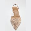 Women's Mesh Floral Embroidered Slingback Heels with Pearl Studded Pointed Toe Lace Heeled Sandals Backless Slip On Kitten Heel