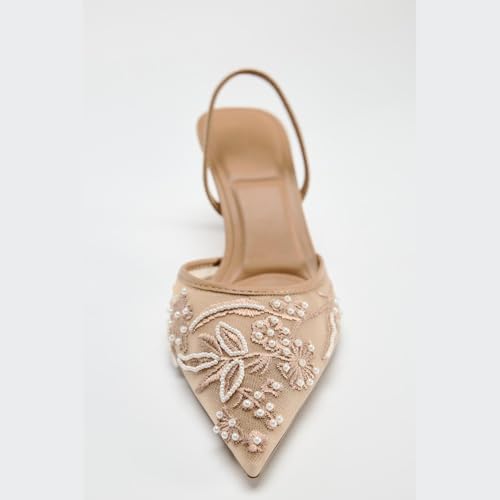 Women's Mesh Floral Embroidered Slingback Heels with Pearl Studded Pointed Toe Lace Heeled Sandals Backless Slip On Kitten Heel
