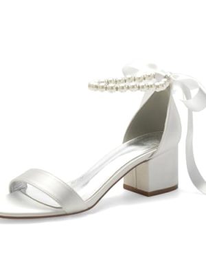 Women's Low Block Heel Sandals Chunky Ankle Strap Pearl Wedding Dress Shoes Low Heel Comfortable Pump Sandals