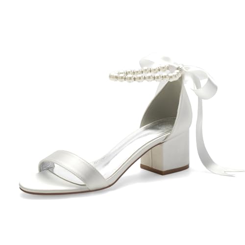 Women's Low Block Heel Sandals Chunky Ankle Strap Pearl Wedding Dress Shoes Low Heel Comfortable Pump Sandals