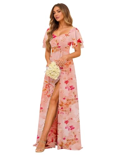 Women's Sweetheart Flutter Sleeves Bridesmaid Dresses with Slit A-line Short Sleeves Chiffon Formal Evening Dress