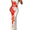 Womens Summer Dresses 2025 Elegant Spaghetti Straps Evening Gown Floral Print Bodycon Maxi Mesh Sundress
