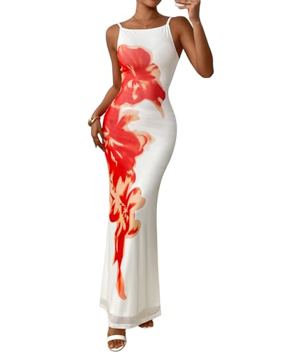Womens Summer Dresses 2025 Elegant Spaghetti Straps Evening Gown Floral Print Bodycon Maxi Mesh Sundress