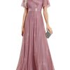 Women's Evening Gowns V Neck Ruched Short Sleeves A-line Glitter Formal Dresses