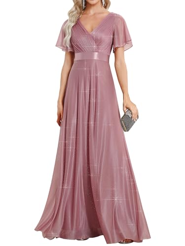 Women's Evening Gowns V Neck Ruched Short Sleeves A-line Glitter Formal Dresses