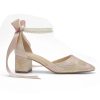 Floral Satin Wedding Shoes for Bride Block Heel Pointed Toe Pearl Bridal Shoes Wedding Heels