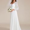 Women’s Fall Long Sleeve Lace V Neck Wedding Dress with Train Bridal Gown 01925-PH