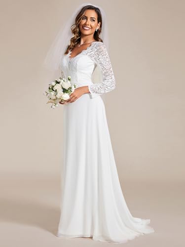 Women’s Fall Long Sleeve Lace V Neck Wedding Dress with Train Bridal Gown 01925-PH