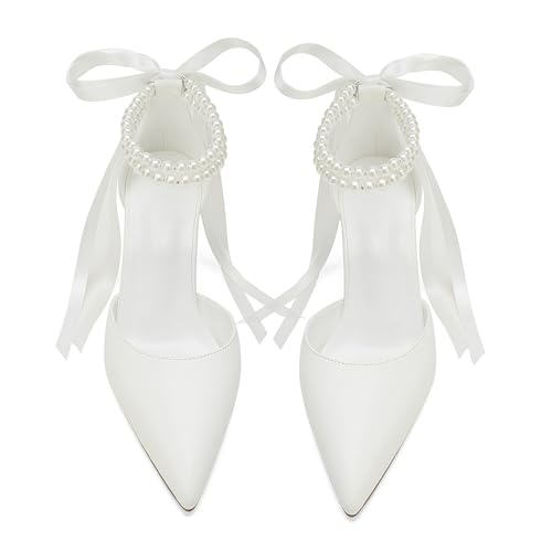 Closed Toe Pearl Heels Satin Wedding Shoes for Bride High Heels with Bow Chunky Block Heels for Women Prom Evening Party Dress