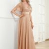 Women's Evening Gowns V Neck Ruched Short Sleeves A-line Glitter Formal Dresses