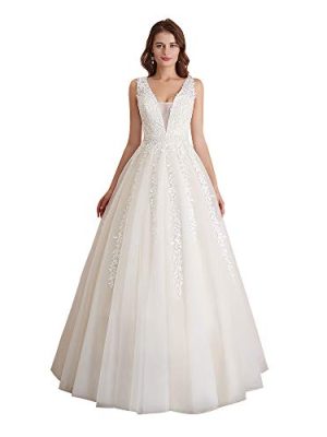 Women's Wedding Dress for Bride Lace Applique Evening Dress V Neck Straps Ball Gowns