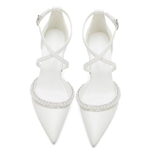 High Block Heel Wedding Shoes for Bride Closed Toe Pearl Bridal Shoes Women Chunky Heels