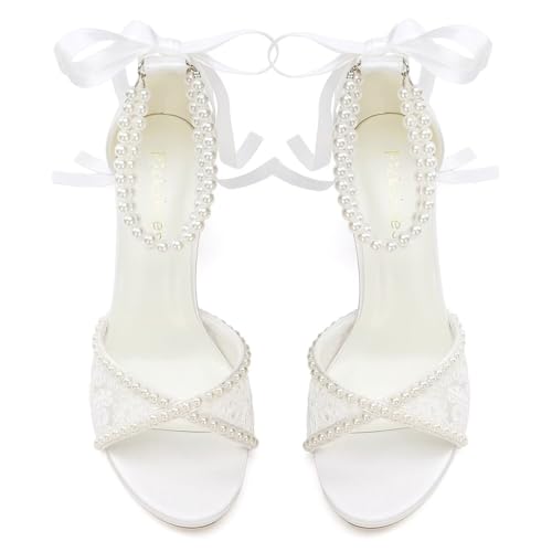 Lace Wedding Shoes for Bride Pearl Heels Bridal Shoes Block Heel Wedding Sandals
