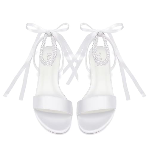 Low Block Heel Wedding Sandals Pearl Wedding Shoes for Bride Open Toe Bridal Shoes