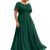 Women's Round Neck A Line Pleated Chiffon Short Sleeves Plus Size Formal Gowns Bridesmaid Dresses