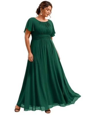 Women's Round Neck A Line Pleated Chiffon Short Sleeves Plus Size Formal Gowns Bridesmaid Dresses