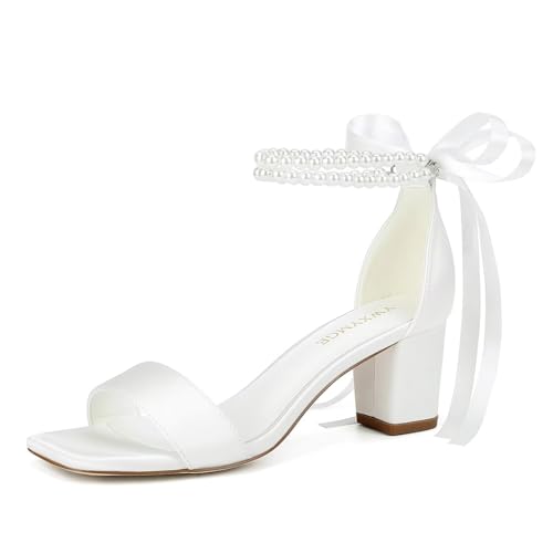 Block Heel Bridal Shoes Open Toe Wedding Shoes for Bride Pearl Heels Wedding Sandals