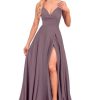 Bridesmaid Dresses with Slit Satin A Line Spaghetti Strap Formal Prom Evening Party Gown with Pocket 023