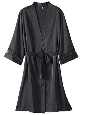 Lace Robe Set Women Black Wedding Bathrobe&Nightgown Suit Satin V-Neck Kimono Bath Gown Bride Bridesmaid Sleepwear(D,L Code)