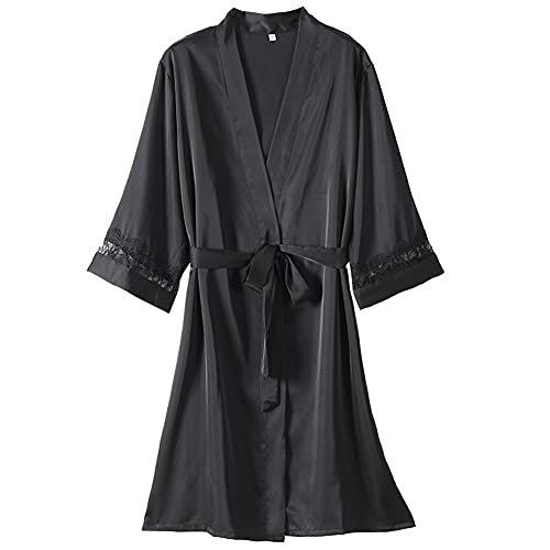 Lace Robe Set Women Black Wedding Bathrobe&Nightgown Suit Satin V-Neck Kimono Bath Gown Bride Bridesmaid Sleepwear(D,L Code)