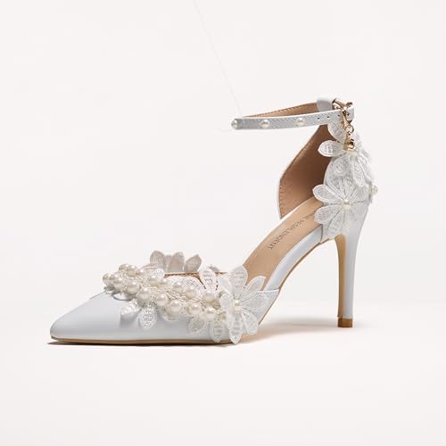 Lace Pearl Decoration Ladies High Heels Whit Wedding Shoes Women's White Bridal Pumps