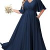 Plus Size Bridesmaid Dresses with Pockets Short Sleeve Pleated Formal Dress for Women YMS376